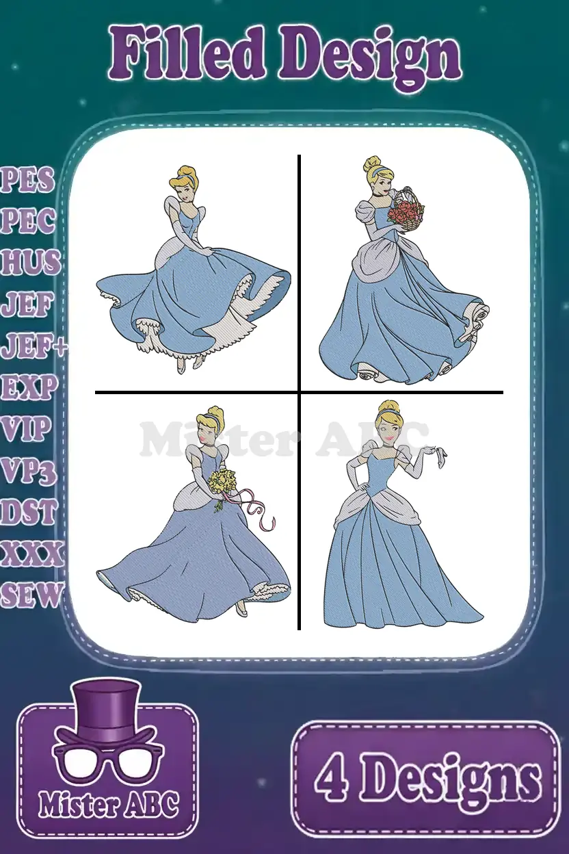 A comprehensive view of four distinct filled embroidery designs featuring Cinderella in her iconic blue ballgown, ready for digital download.