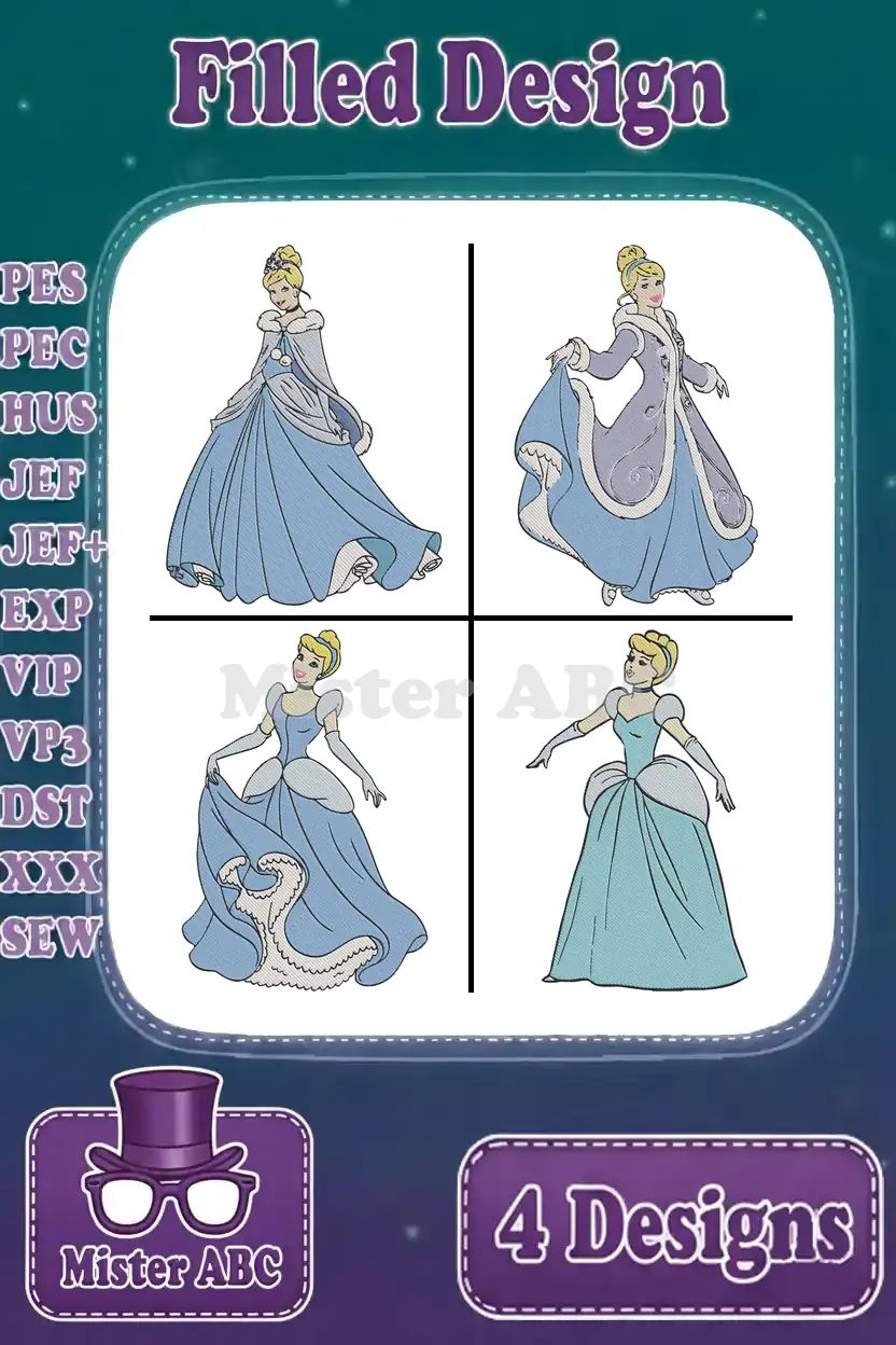 Four enchanting filled embroidery designs of Cinderella in various iconic poses, ready for diverse creative projects.