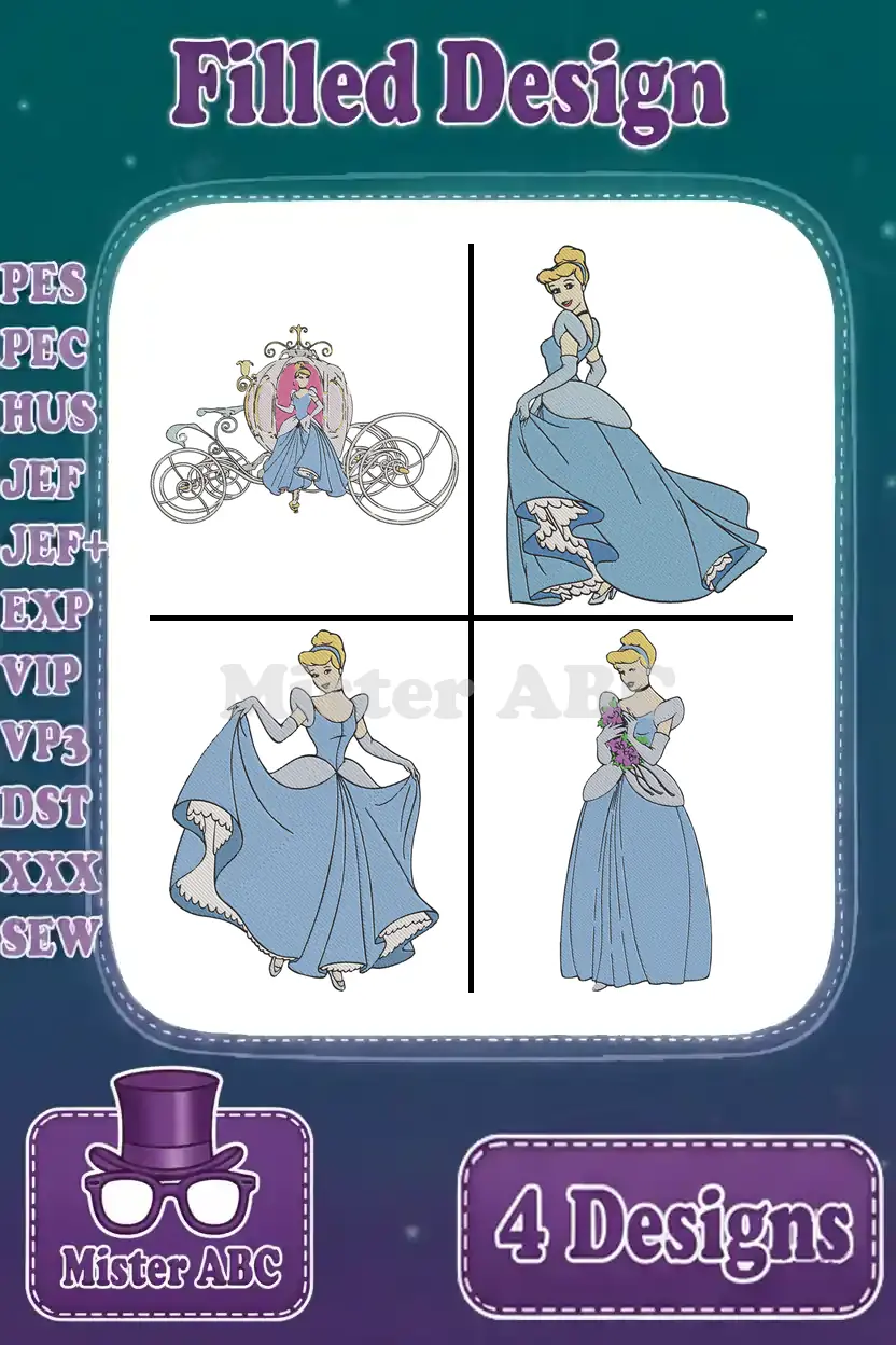 Four elegant Cinderella filled embroidery designs shown together, featuring her grand carriage and three distinct poses.