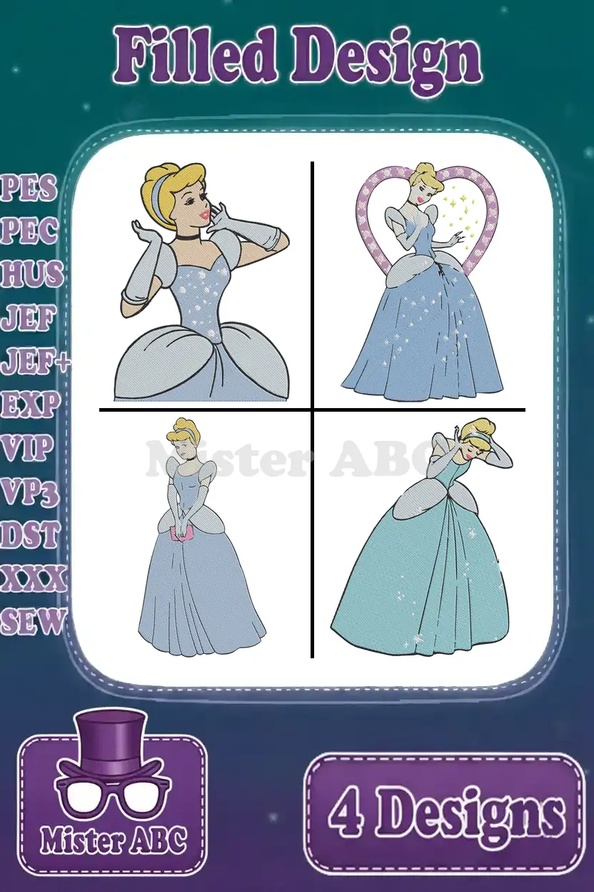 A vibrant purple background displaying four distinct filled embroidery designs of Cinderella in her iconic ball gown.