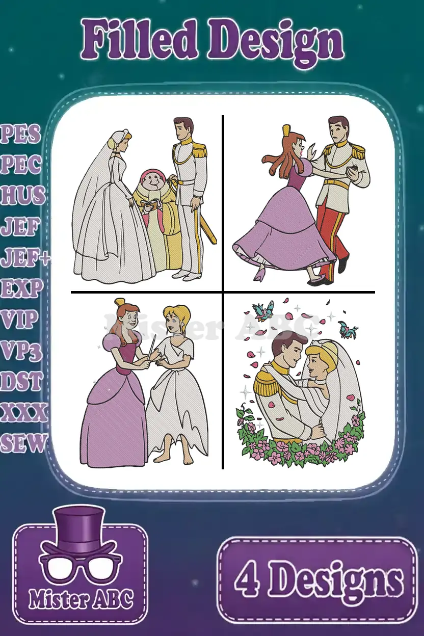 A vibrant main image showcasing four filled embroidery designs featuring Cinderella, Prince Charming, and the Fairy Godmother.