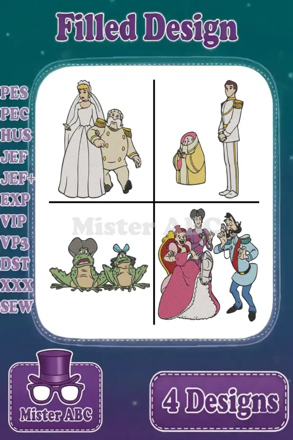 Four filled embroidery designs featuring Cinderella, Prince Charming, fairytale frogs, and the wicked stepfamily, with file formats listed.