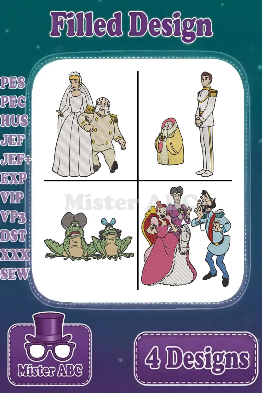 Four filled embroidery designs featuring Cinderella, Prince Charming, fairytale frogs, and the wicked stepfamily, with file formats listed.