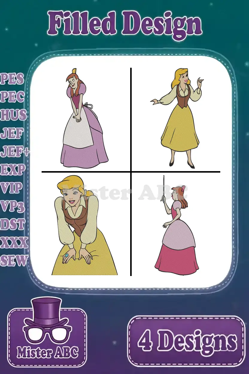 Four vibrant filled embroidery designs featuring Anastasia Tremaine, Drizella Tremaine, and Cinderella in rags, ready for crafting projects.