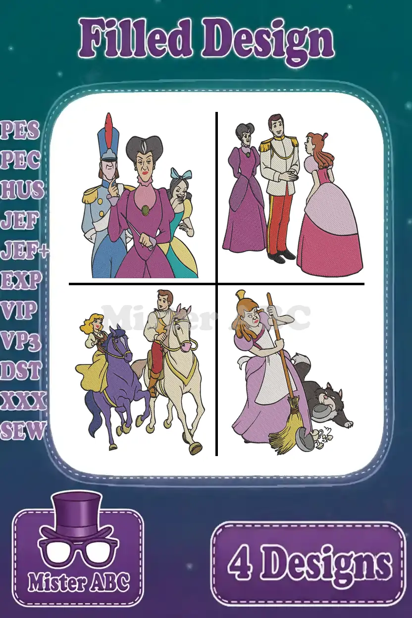 A vibrant bundle of four Cinderella-themed filled embroidery designs, showcasing iconic characters and scenes, ready for digital download.