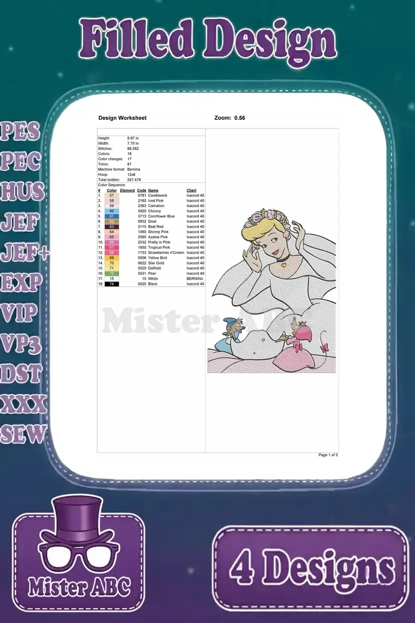 Design worksheet for Cinderella in her wedding dress with Jaq and Gus, detailing thread colors and stitch count.