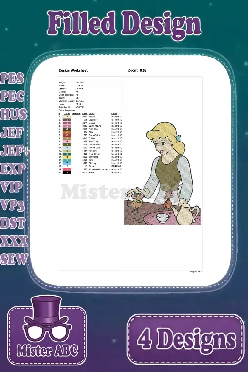 Design worksheet for Cinderella having tea with Jaq and Gus, detailing thread colors, stitch count, and dimensions.