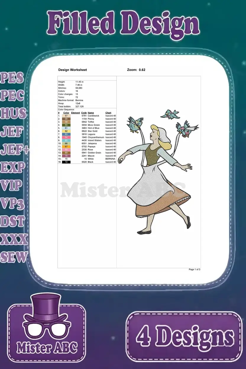 Detailed design worksheet for the first Cinderella embroidery, showing stitches, colors, dimensions, and thread chart.