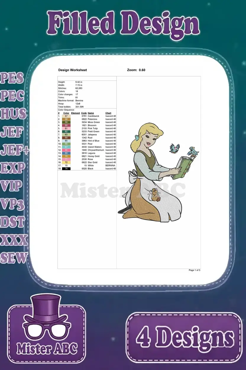 Detailed design worksheet for the second Cinderella embroidery, featuring her reading to birds, with full specifications.