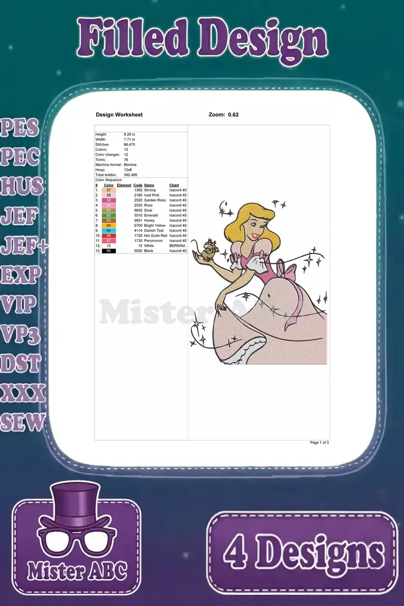 Detailed design worksheet for the third Cinderella embroidery, featuring her ball gown and magical elements.