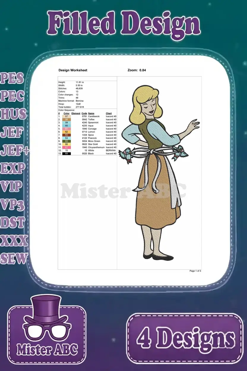 Detailed design worksheet for the fourth Cinderella embroidery, showing her tying her apron with bird assistance.