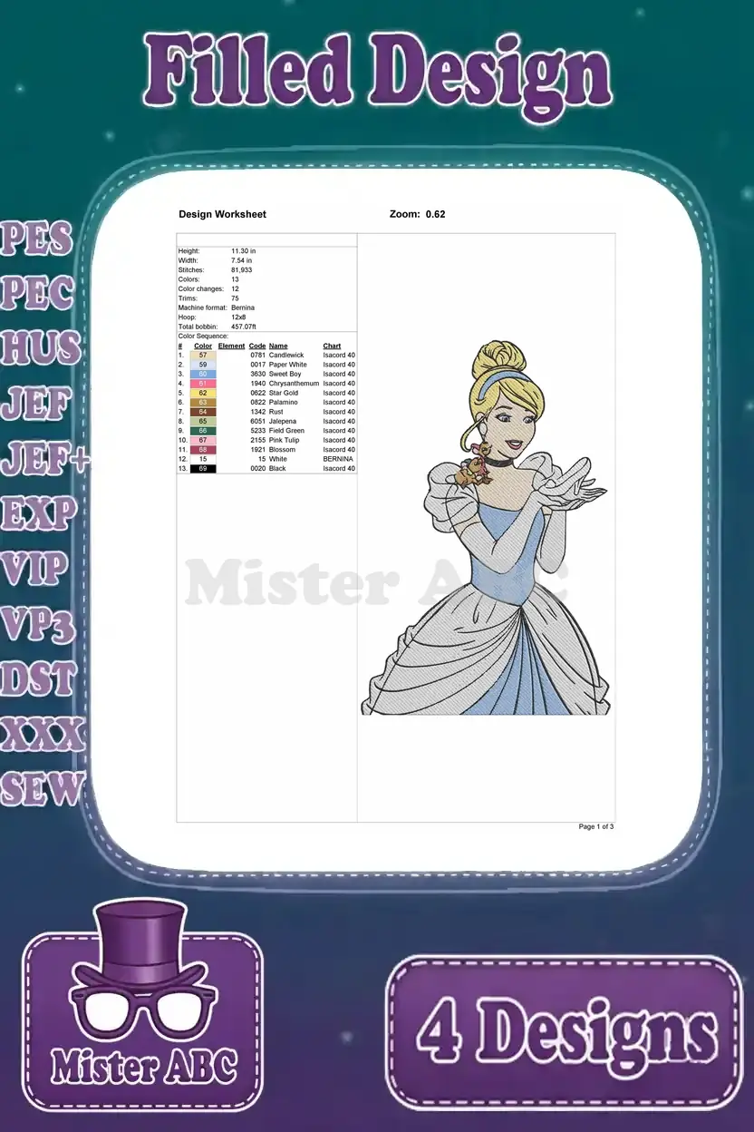 Detailed design worksheet for Cinderella holding her glass slipper, showing stitch count, colors, and dimensions.