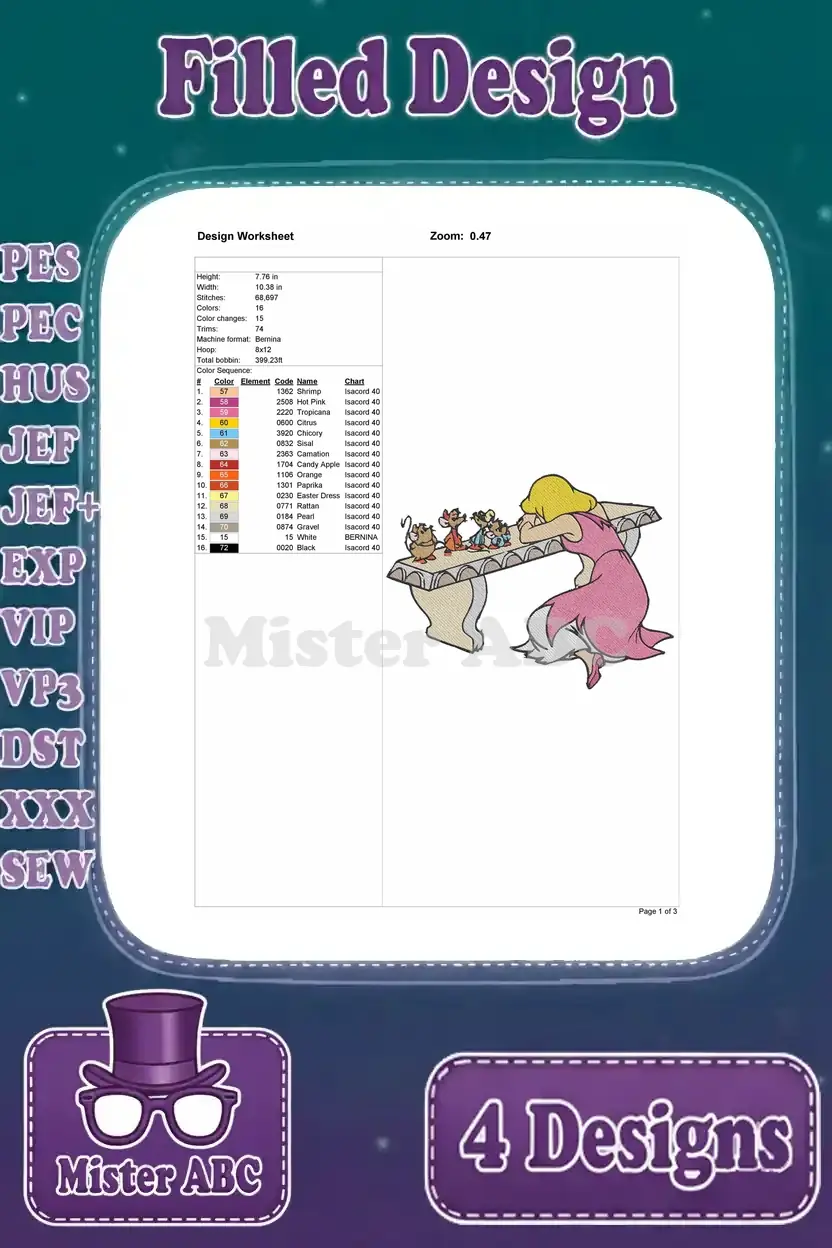 Detailed design worksheet for Cinderella in her pink torn dress with animal friends, showing stitch data.