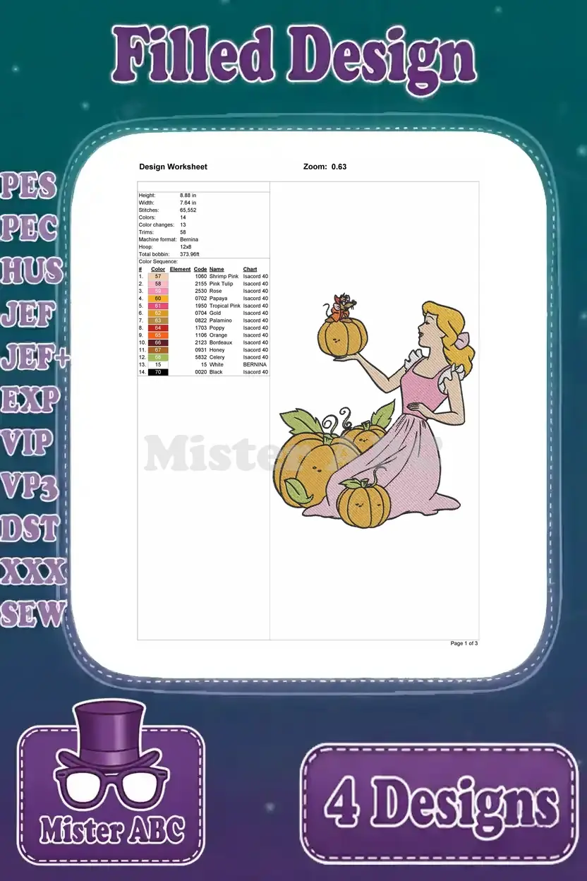 Detailed design worksheet for Cinderella in her pink dress, surrounded by pumpkins with Gus Gus on her hand.