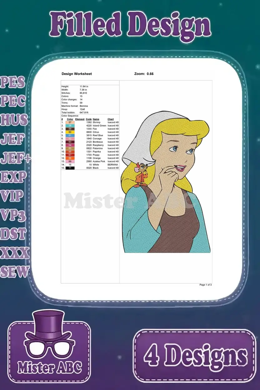 Embroidery design worksheet for Cinderella with a mouse on her shoulder, detailing thread colors and stitch count.
