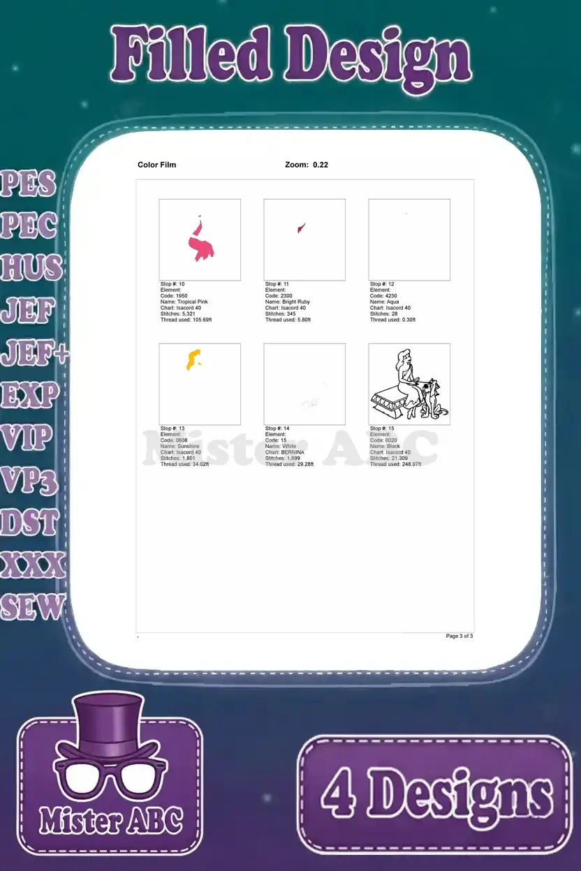 Color film page 2 for the fourth Cinderella embroidery design, showing final thread stops and outlines.