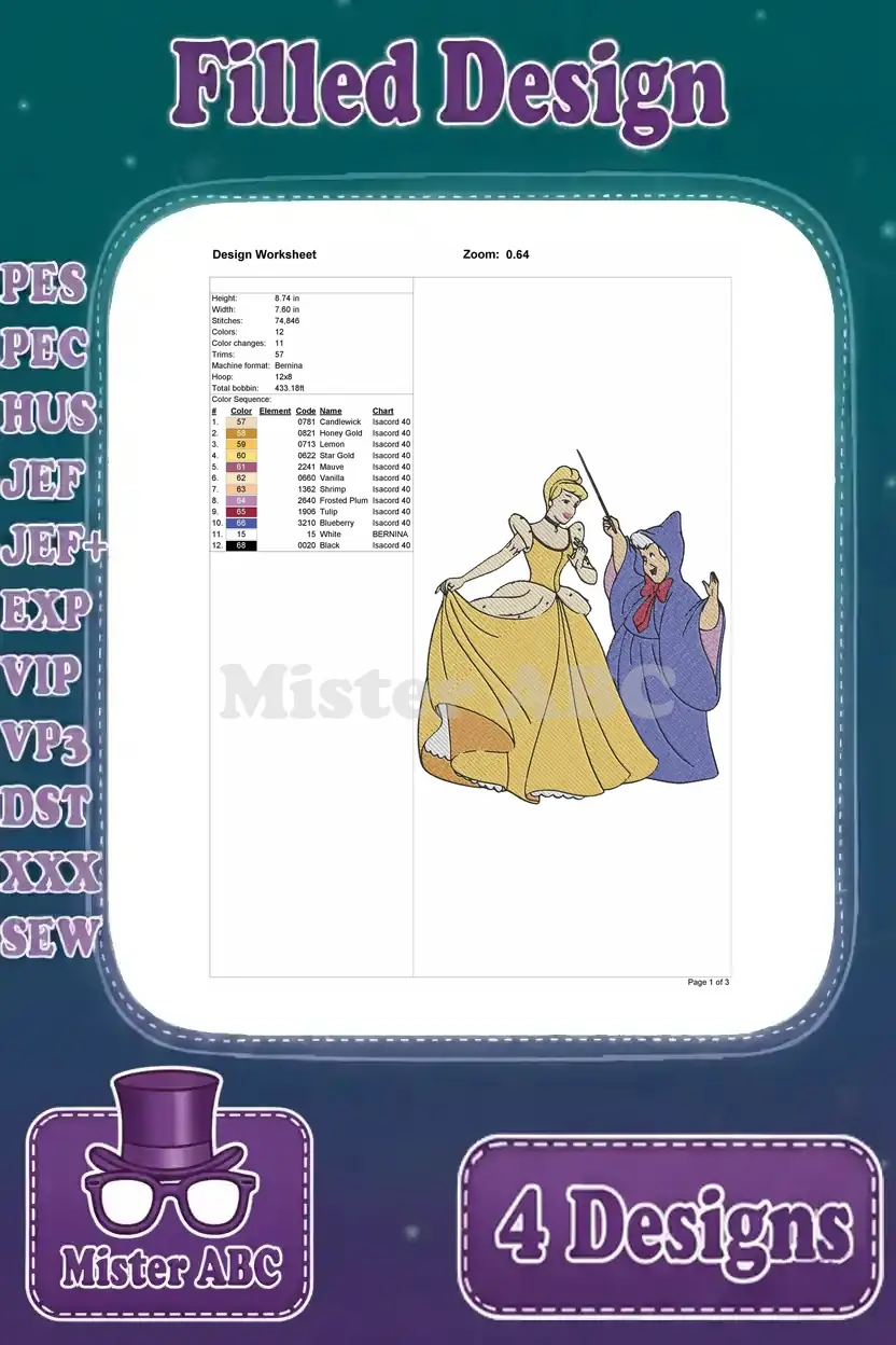 Detailed embroidery worksheet for Cinderella in yellow and Fairy Godmother, showing stitch count and colors.