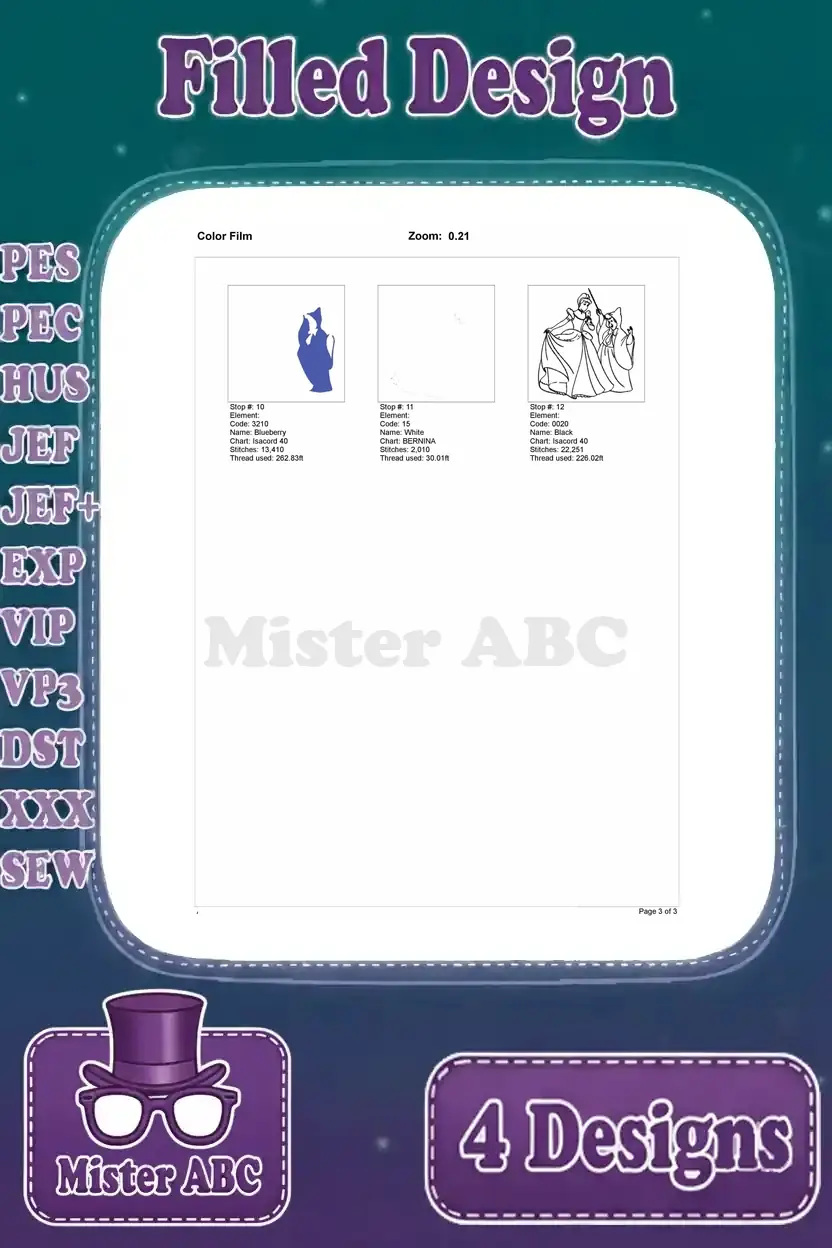 Final color film steps for Cinderella and Fairy Godmother design, completing the intricate filled stitch details.