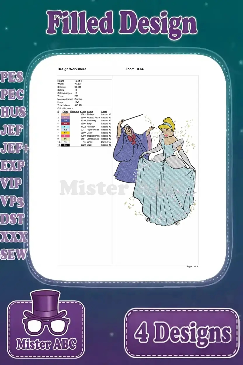 Detailed embroidery worksheet for Cinderella in blue and Fairy Godmother, outlining stitch count and colors.