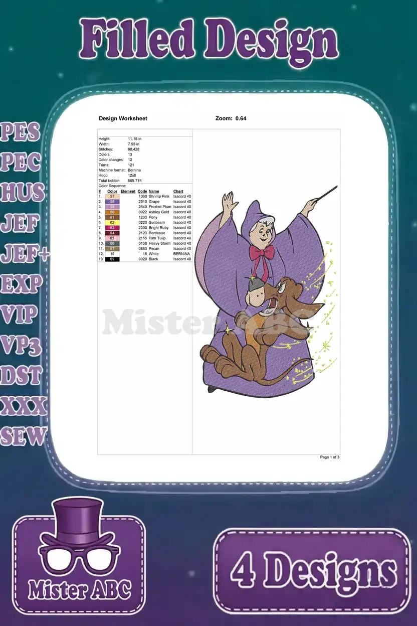 Detailed embroidery worksheet for Fairy Godmother with Jaq and Gus, specifying stitch count and colors.