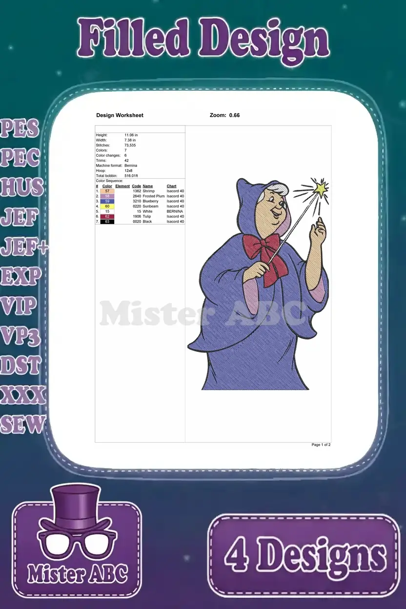 Detailed embroidery worksheet for Fairy Godmother casting a spell, specifying stitch count and colors.