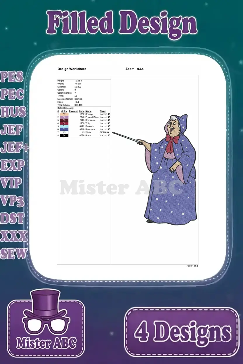 Detailed design worksheet for the first Fairy Godmother embroidery design, showing thread colors, stitch count, and dimensions.