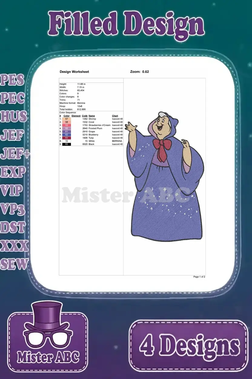 Detailed design worksheet for the second Fairy Godmother embroidery design, showing thread colors, stitch count, and dimensions.