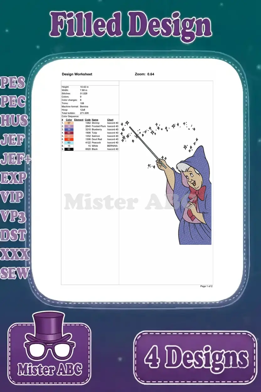 Detailed design worksheet for the third Fairy Godmother embroidery design, showing thread colors, stitch count, and dimensions.