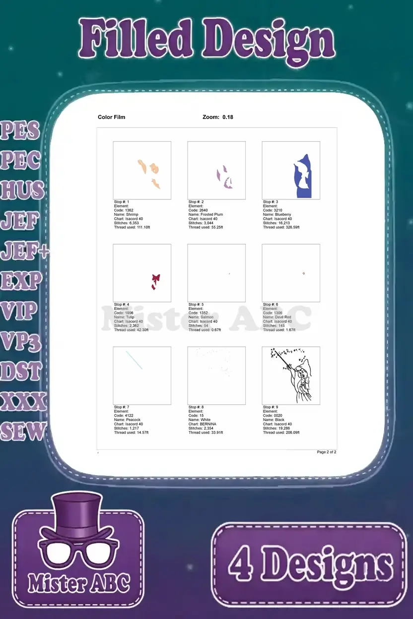 Color film for the third Fairy Godmother embroidery design, illustrating the precise stitching sequence by color segments.
