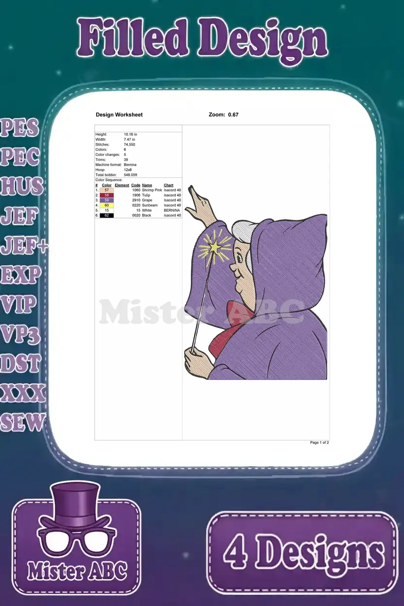 Detailed design worksheet for the fourth Fairy Godmother embroidery design, showing thread colors, stitch count, and dimensions.