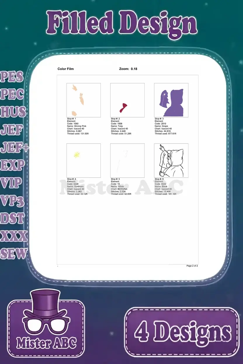 Color film for the fourth Fairy Godmother embroidery design, illustrating the precise stitching sequence by color segments.
