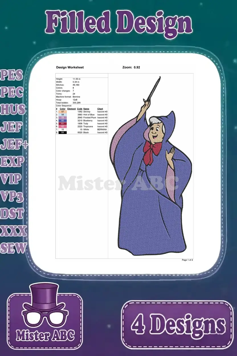 Detailed design worksheet for the first Fairy Godmother filled embroidery, showing dimensions, stitch count, and colors.
