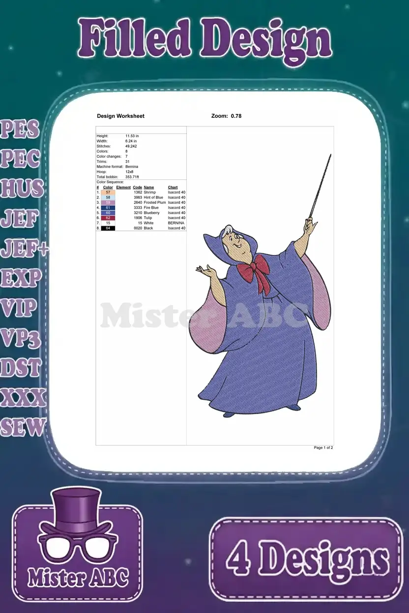 Design worksheet for the second Fairy Godmother filled embroidery design, detailing size, stitches, and color information.