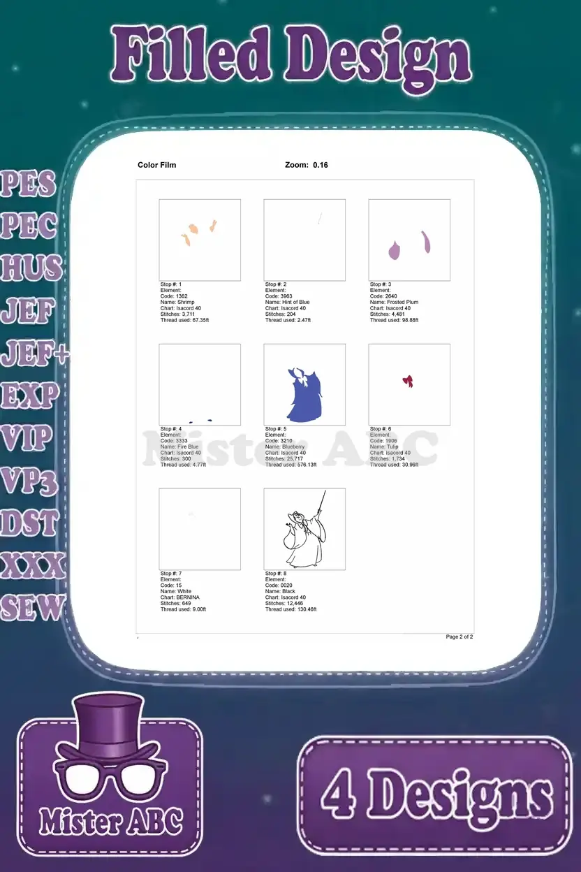 Color film for the second Fairy Godmother filled embroidery design, showing the sequential application of colors.