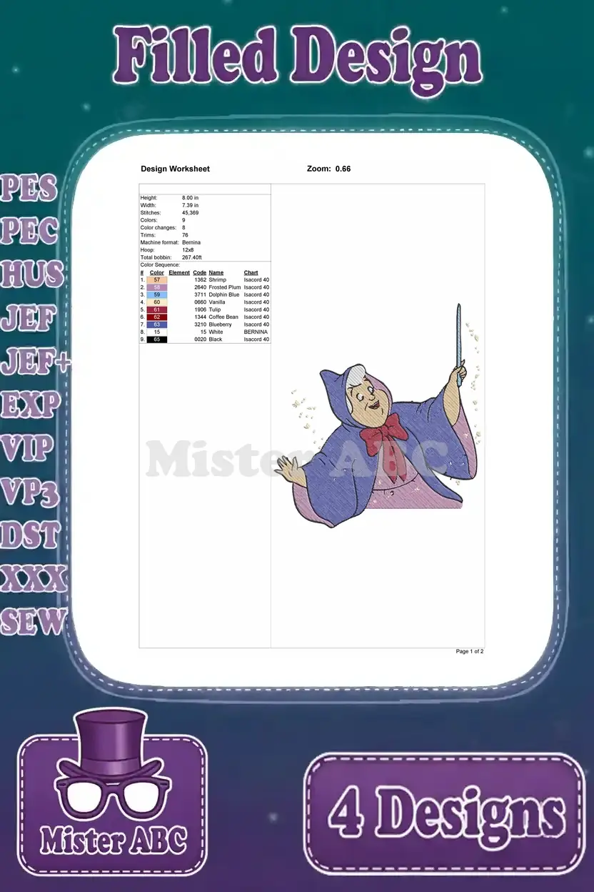 Design worksheet for the third Fairy Godmother filled embroidery, detailing size, stitch count, and thread colors.
