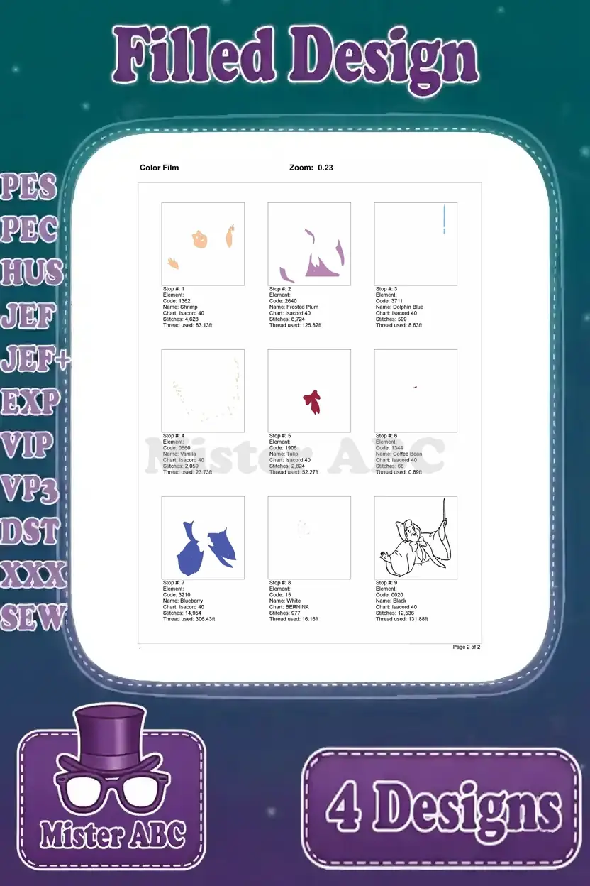 Color film for the third Fairy Godmother filled embroidery design, showing the step-by-step color application.