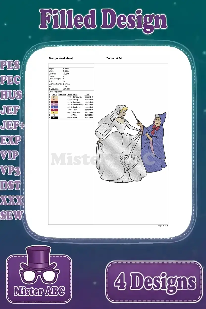 Design worksheet for the Fairy Godmother and Cinderella filled embroidery, showing dimensions, stitches, and colors.