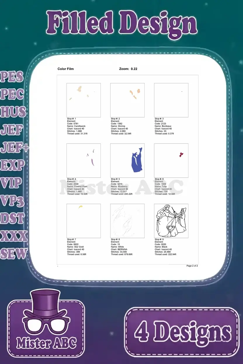 Color film for the Fairy Godmother and Cinderella filled embroidery design, detailing the color stitching order.