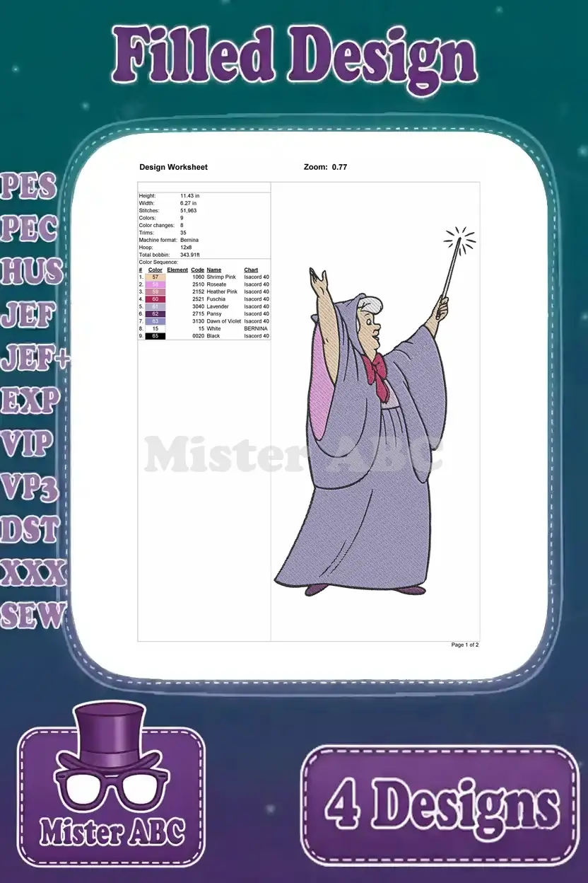Detailed embroidery worksheet for the Fairy Godmother design, showing stitch count, size, and vibrant color sequence.