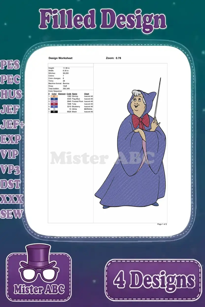 Detailed embroidery worksheet for the second Fairy Godmother design, outlining stitch count, size, and colors.