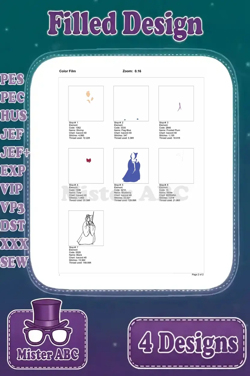 Color film sequence for the second Fairy Godmother embroidery design, detailing thread application steps.