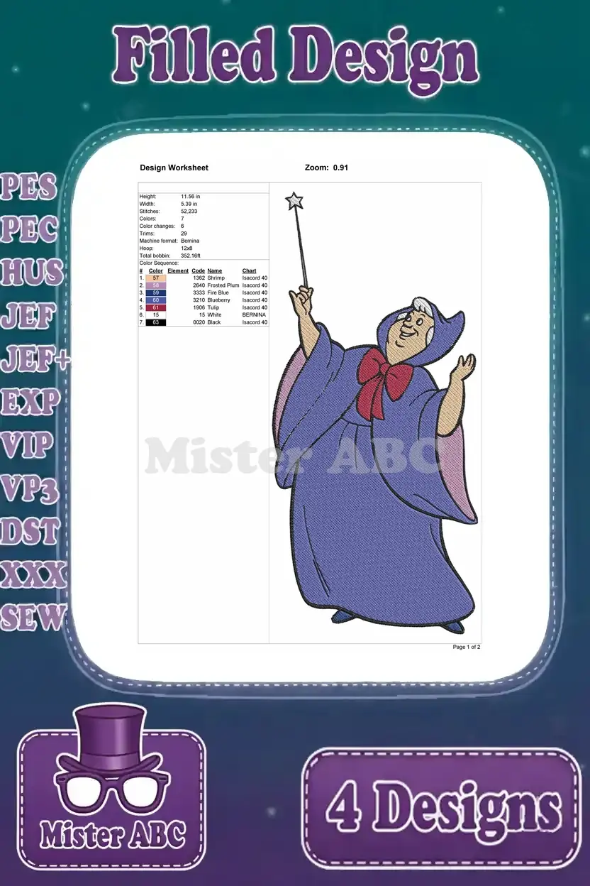 Comprehensive design worksheet for the third Fairy Godmother embroidery, detailing stitch count, size, and colors.