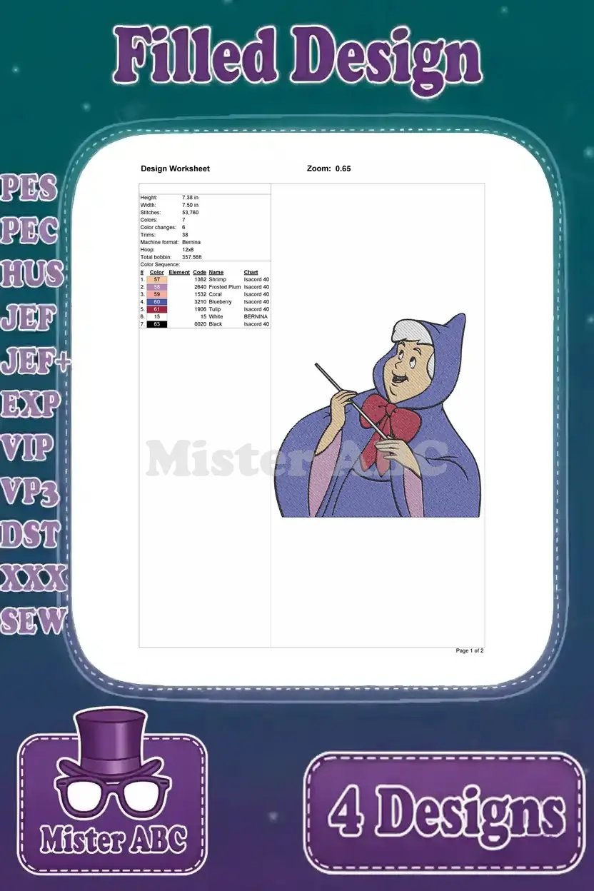 Detailed worksheet for the fourth Fairy Godmother design, showing stitch count, size, and vibrant color sequence.