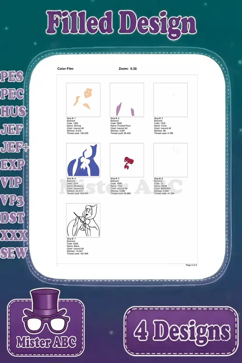 Color film sequence for the fourth Fairy Godmother design, illustrating the exact stitching order and colors.
