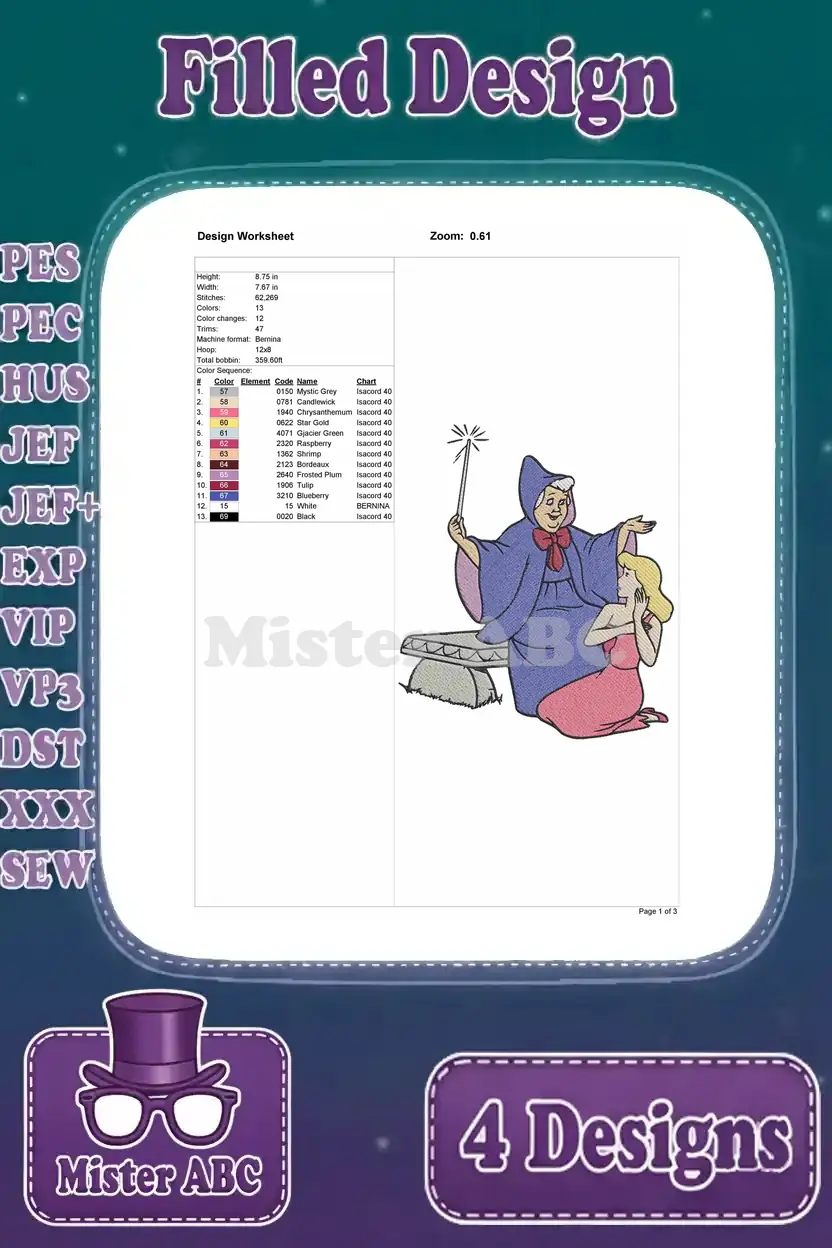 A detailed design worksheet for the first Cinderella and Fairy Godmother embroidery, showing stitch count and colors.