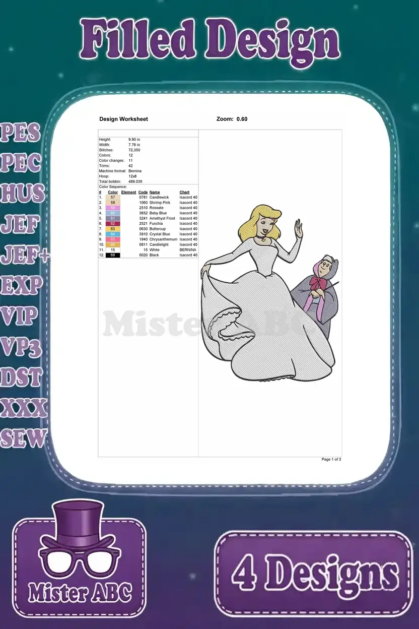 A detailed design worksheet for the second Cinderella embroidery, showcasing her ball gown and Fairy Godmother.