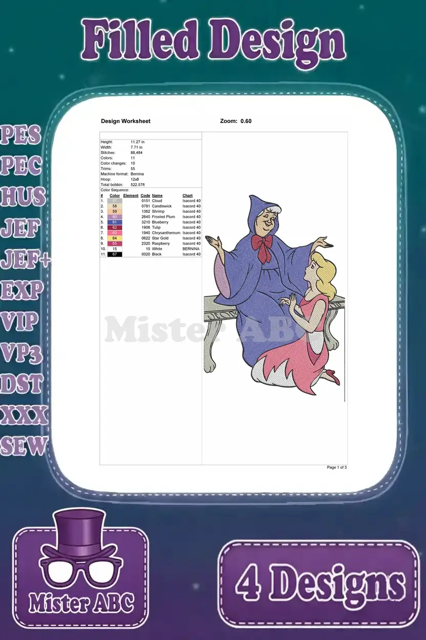 Design worksheet for the third Cinderella and Fairy Godmother embroidery, showing Cinderella kneeling.
