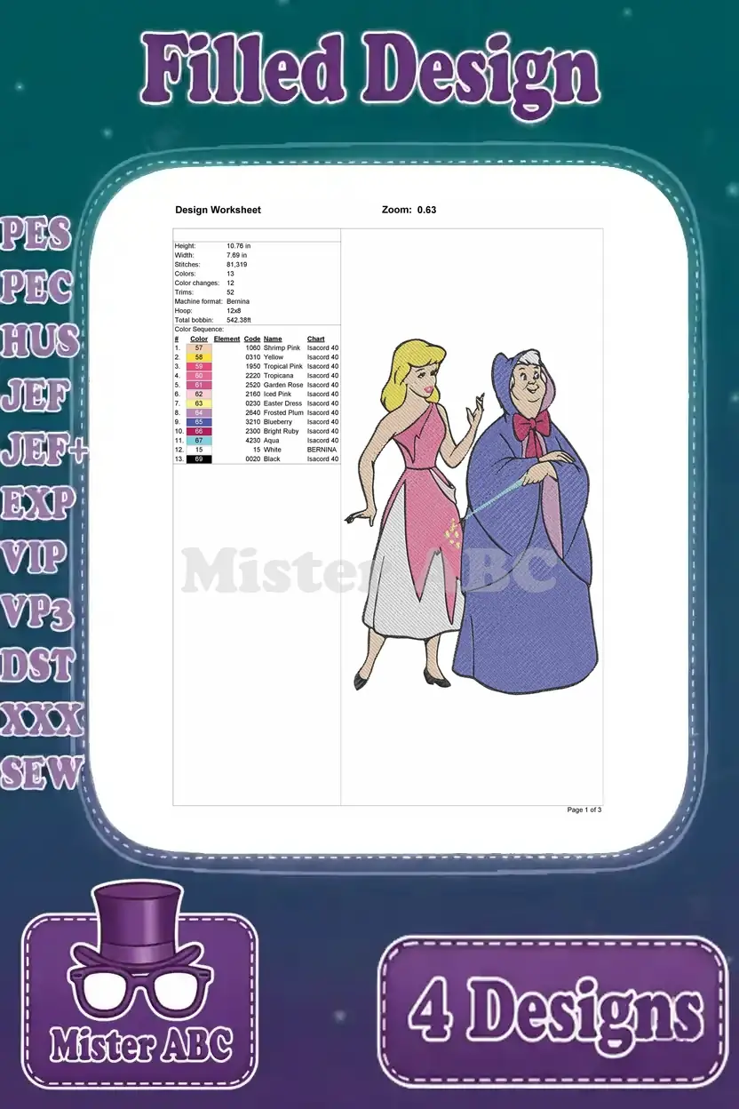 Design worksheet for the fourth Cinderella and Fairy Godmother embroidery, showing them standing together.