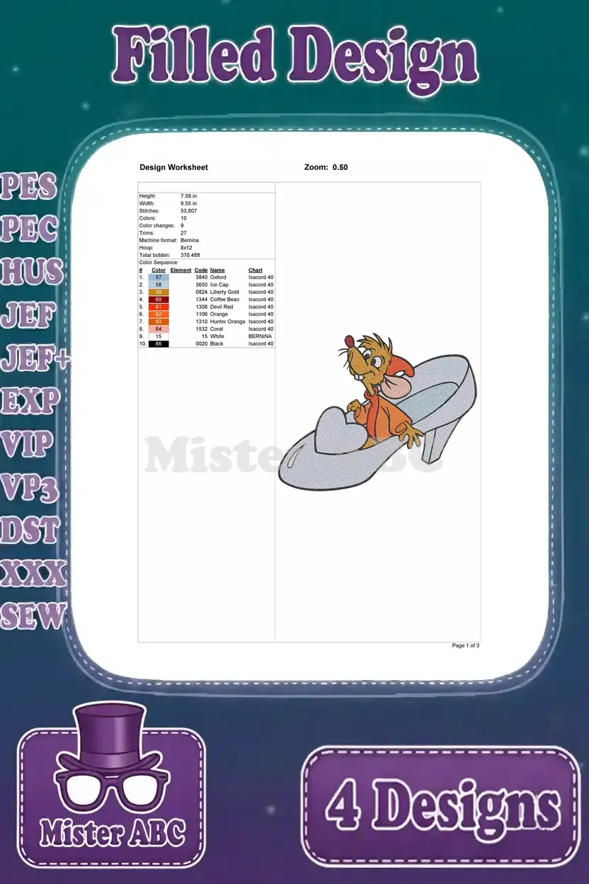 Embroidery worksheet for a Cinderella mouse (Jaq/Gus) inside a glass slipper design, showing stitch details.