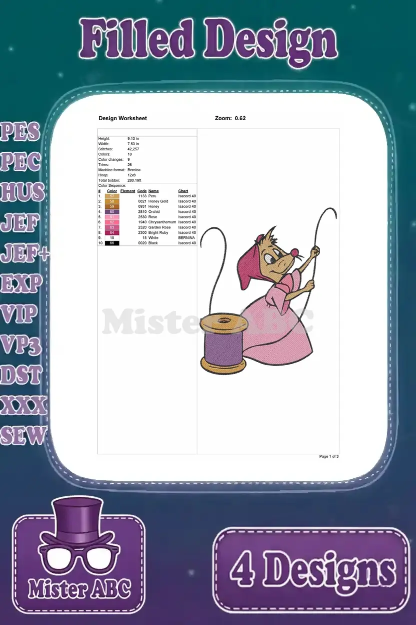 Embroidery worksheet for Gus Gus with a spool of thread design, detailing stitch count and color changes.